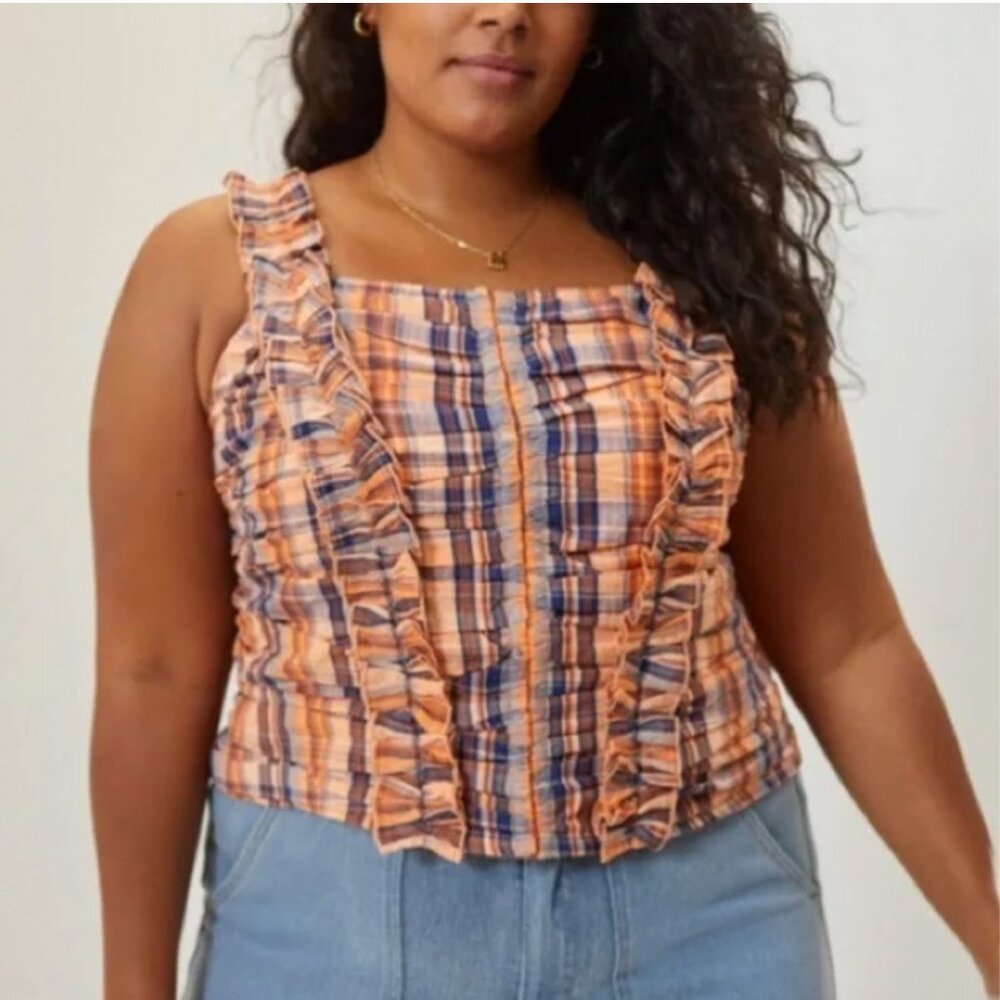 Anthropologie Orange and Blue Plaid Tank Top
